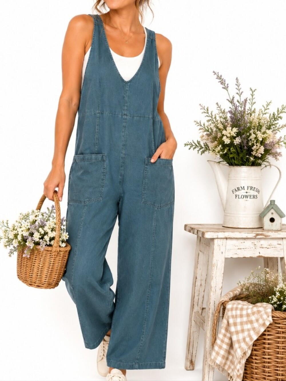 Zenana Farmhouse Denim Jumpsuit Blackberry V-Neck Small Oversized Pockets